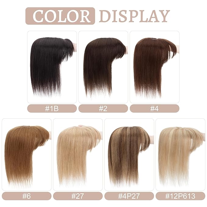 Hair Toppers for Women Real Human Hair With Bangs, 13 * 15 cm Larger Silk Base 150% Density Clip In Topper Hairpieces, Wiglet Top Pieces Add Volume -14 Inch 04 Medium Brown