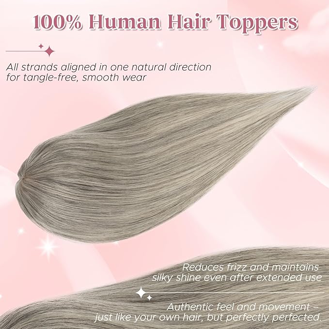 Real Human Hair Toppers for Women 3.54"*4.72" Silky Base 150% Density No Bangs Adjustable Parting Clip-In Topper Hairpieces for Women with Thinning Hair 12 Inches White Mixed Natural Black