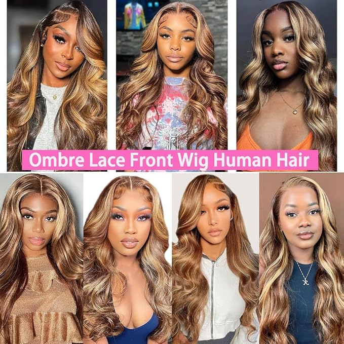 22 Inch 13x6 Lace Front Wigs Human Hair 200 Density P4/27 Highlight Ombre Body Wave HD Lace Front Wigs Human Hair Pre Plucked