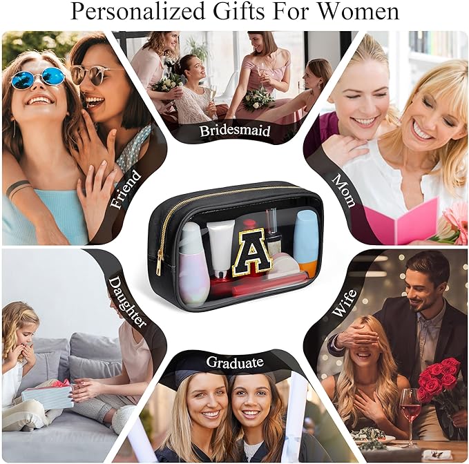 YOOLIFE Travel Toiletry Bag for Women, Black Clear Makeup Bag Cute Make Up Bag Cosmetic Bags Skin Care Makeup Bag Organizer Birthday Gifts for Women Teacher Mother Girlfriend Initial T