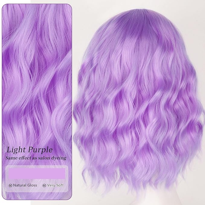 AISI HAIR Light Purple Synthetic Wavy Curly Bob Wig with Bangs Short Wavy Hair for Women Synthetic Heat Resistant Bob Wigs