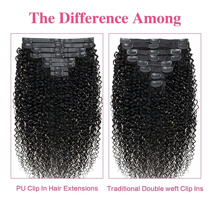 Seamless Curly Clip ins Hair Extensions Real Human hair Brazilian Virgin 3c 4a Curly Clip on Human Hair Extensions (14inch,#1B)