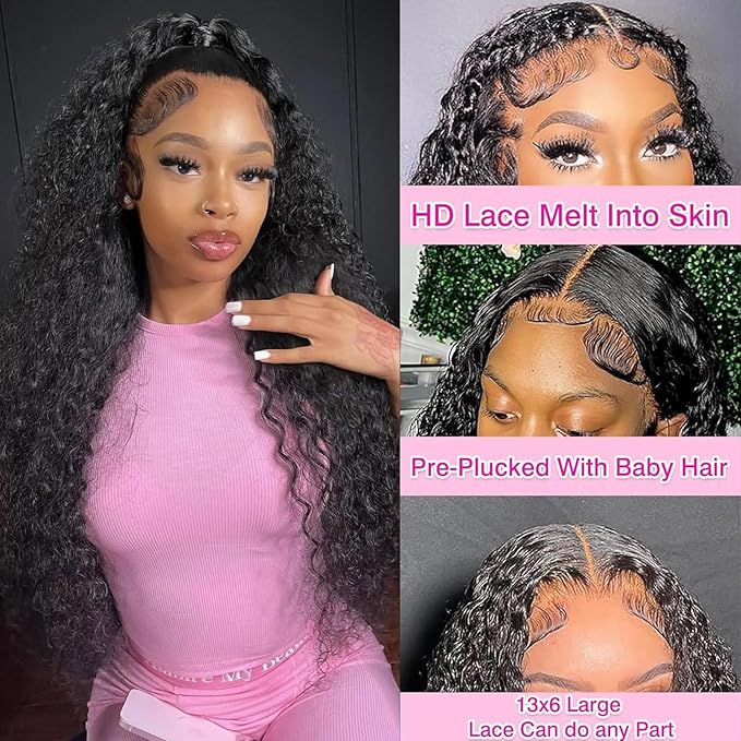 BVLBVL 20 Inch 13x6 Deep Wave Lace Front Wigs Human Hair 180 Density HD Lace Frontal Wig Pre Plucked Wet and Wavy Curly Wig, Real Human Hair No Synthetic Blend No Tangle No Shedding Triple Lifespan 3X