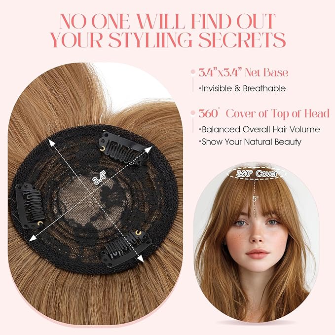 Hairro Mono Hair Toppers with Bangs, 3.4" x 3.4" Mono Base 100% Real Human Hairpieces for Women, 150% Density Clips In Topper for Greyish Thinning Hair, 18 Inch Blondish Brown