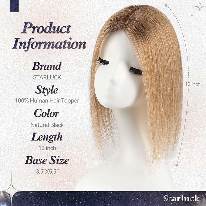starluck Human Hair Toppers for Women Real Human Hair No Bangs 4 * 5.5 inch Base 12 inch SilkHug Topper for Women with Thinning Hair Cover Grey Roots(Ombre Light Brown)
