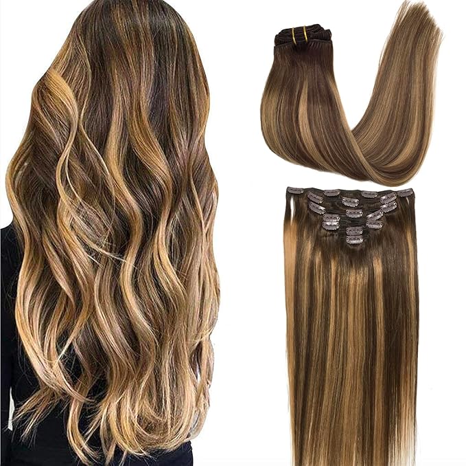 GOO GOO Clip in Hair Extensions Real Human Hair, Remy Human Hair Extensions Clip ins for Women, Natural Human Hair, 18inch 180g 7Pcs, #4/27/4 Balayage Chocolate Brown to Caramel Blonde