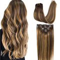 GOO GOO Clip in Hair Extensions Real Human Hair, Remy Human Hair Extensions Clip ins for Women, Natural Human Hair, 18inch 180g 7Pcs, #4/27/4 Balayage Chocolate Brown to Caramel Blonde
