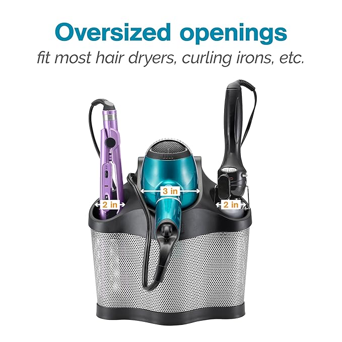 Polder Style Station, Organization for Styling Tools: Hair Dryers,Curling Irons, Straighteners, Brushes, Hang Over Towel Rack, Store Undersink or in Drawer, Black and Silver