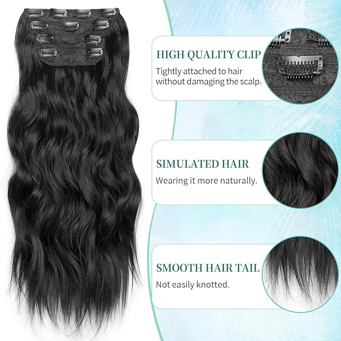 KooKaStyle Clip in Synthetic Hair Extensions Long Wavy 4PCS Thick Hairpieces Black Fiber Double Weft Natural Hair Extensions 16 Inch for Women