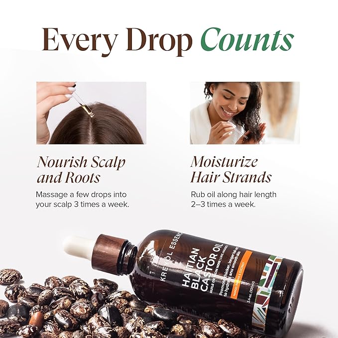 Kreyol Essence - Haitian Black Castor Oil for Skin and Hair, Glass Bottle - Cold Pressed, Hexane Free, Fuller-Looking Hair, Natural Humectant, Mango Papaya & Coconut, 3.4 Fl Oz