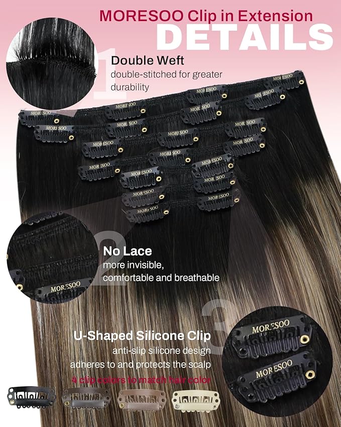 Moresoo Clip in Hair Extensions Remy Double Weft Human Hair Clip in Extensions Straight Balayage Hair Extensions for Women Ombre Black Mixed with Silver Grey 7pcs 150g 22inch
