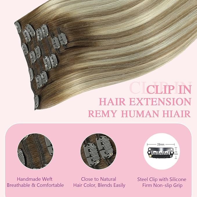 PINKPEARL Clip in Human Hair Extensions #3/8/22 Balayage Walnut Brown to Ash Brown and Golden Blonde Clip in Hair Extensions Real Human Hair 7pcs 120g 14inch Human Hair Extensios Clip ins(#3/8/22-14)