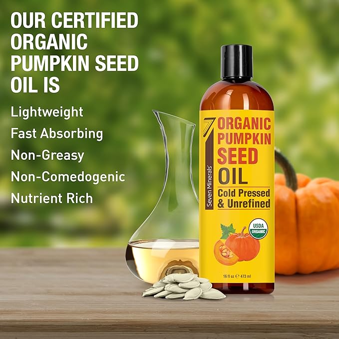 Seven Minerals NEW Pumpkin Seed Oil for Hair Growth, Face, & Body - Big 16oz Bottle - USDA Organic, Cold-Pressed & Hexane Free - Lightweight, Non-Greasy, & Deeply Moisturizing for Scalp, Skin