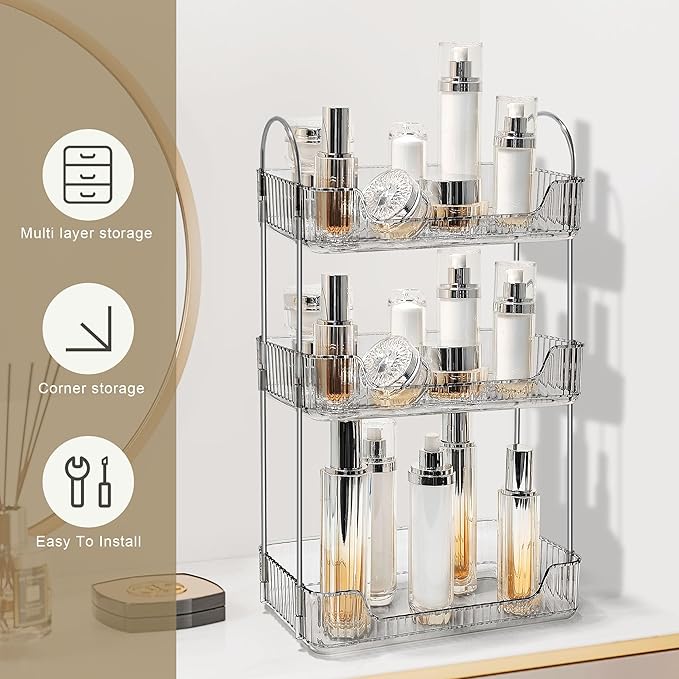 Bathroom Counter Organizer Countertop Storage Skincare Countertop Makeup Organizer Cosmetics Skincare Organizers Holder for Perfume-Grey-Silver Pole-3 Tier