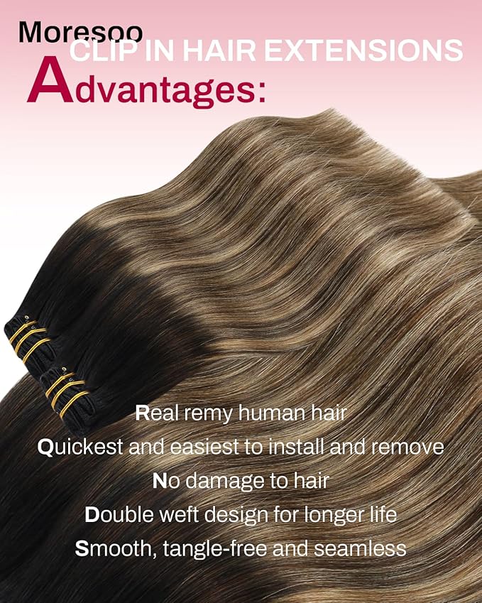 Moresoo Clip in Hair Extensions Balayage Double Weft Human Hair Clip in Extensions Ombre Black to Brown Mixed with Caramel Blonde 7pcs 120Grams 20inch