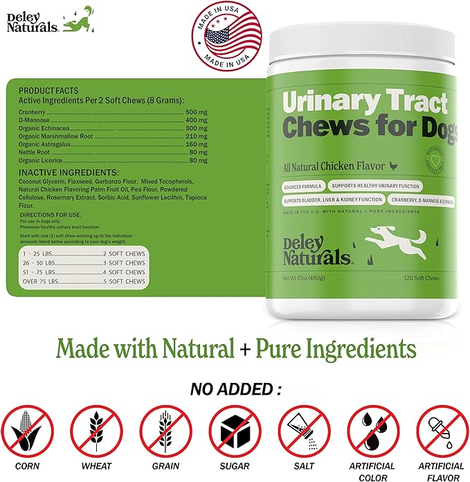 Deley Naturals Dog UTI Chews - Vet-Grade Cranberry Supplement for Dogs with D-Mannose & Echinacea for Bladder & Urinary Tract Health - Urinary Tract Supplements for Small to Large Breeds - 120 Chews
