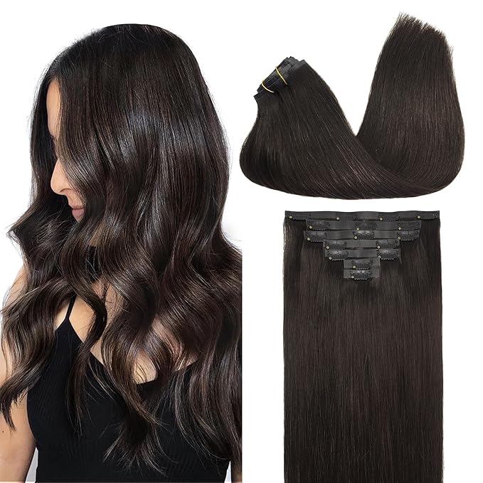 GOO GOO Clip in Hair Extensions Real Human Hair, Remy Human Hair Extensions Clip ins for Women, Natural Human Hair, 24inch 160g 7Pcs, 2 Dark Brown