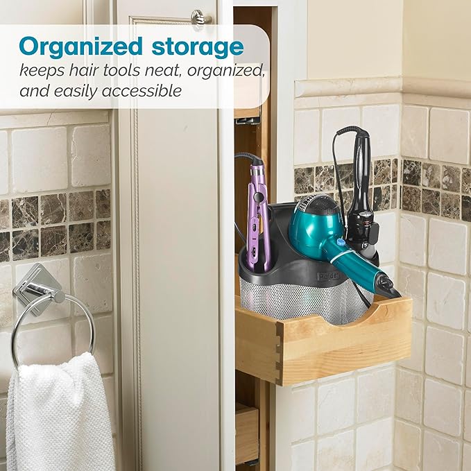 Polder Style Station, Organization for Styling Tools: Hair Dryers,Curling Irons, Straighteners, Brushes, Hang Over Towel Rack, Store Undersink or in Drawer, Black and Silver