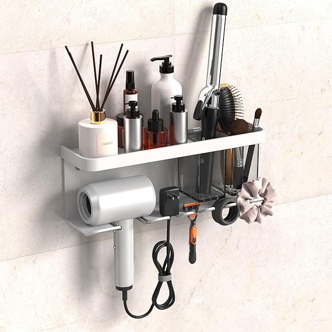 Hair Dryer Holder Wall Mounted Adhesive/Drilling, Hair Dryer Storage Organizer with Shelf & Hooks for Bathroom, Blow Dryer Holder, Hair Tool Organizer (White)