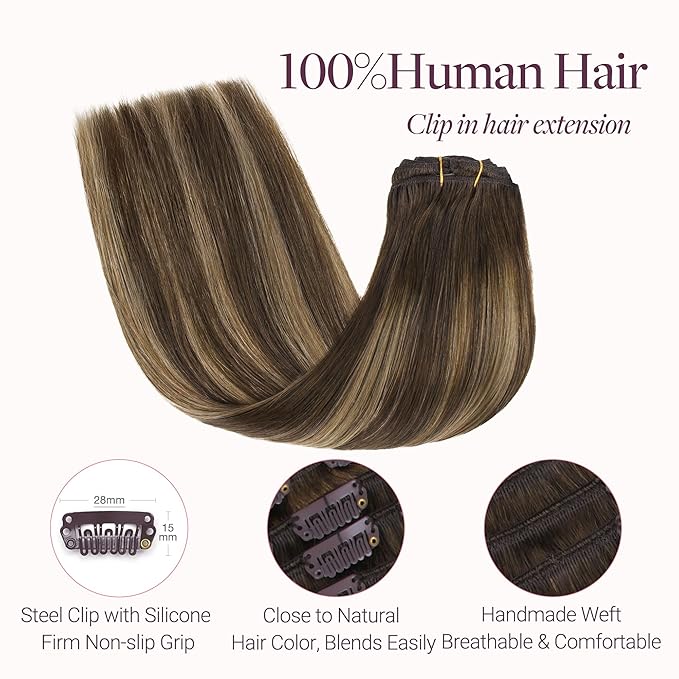 GOO GOO Clip in Hair Extensions Real Human Hair, Remy Human Hair Extensions Clip ins for Women, Natural Human Hair, 22inch 120g 7Pcs, 4/27/4 Balayage Chocolate Brown to Caramel Blonde