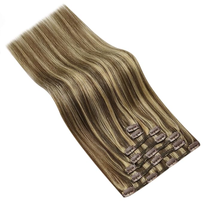 Ve Sunny 24 inch Hair Extensions Clip in Long Straight Real Hair Extensions Clip in Human Hair Dark Brown mit Blonde Clip in Hair Extensions 24Inch