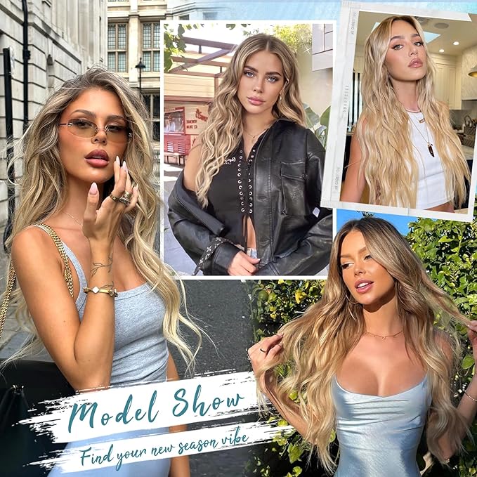KooKaStyle Clip in Synthetic Hair Extensions Long Wavy 4PCS Thick Hairpieces Light Brown mix Golden Blonde Fiber Double Weft Natural Hair Extensions 20 Inch for Women