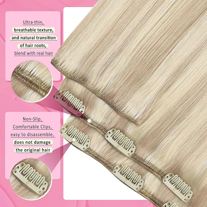YoungSee Blonde Hair Extensions Clip ins Ash Blonde Human Hair Clip in Extensions Highlights Bleach Blond Clip in Hair Extensions Real Human Hair for Full Head 20 inch 100G 7Pcs