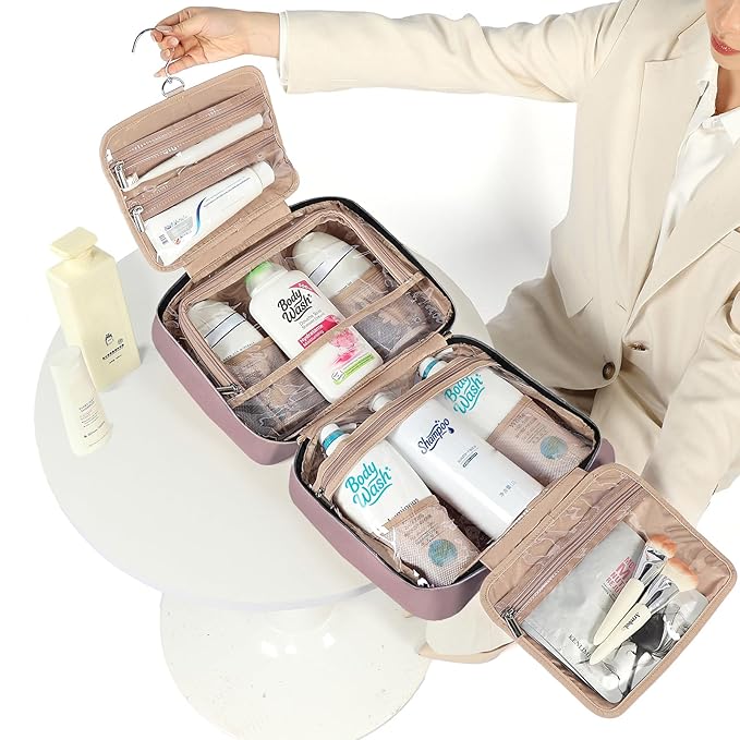 NISHEL Travel Toiletry Bag for women, Portable Hanging Organizer for Family-Sized Shampoo, Conditioner, Brushes Set, Makeup Accessories, Extra Large Size, Peach Pink