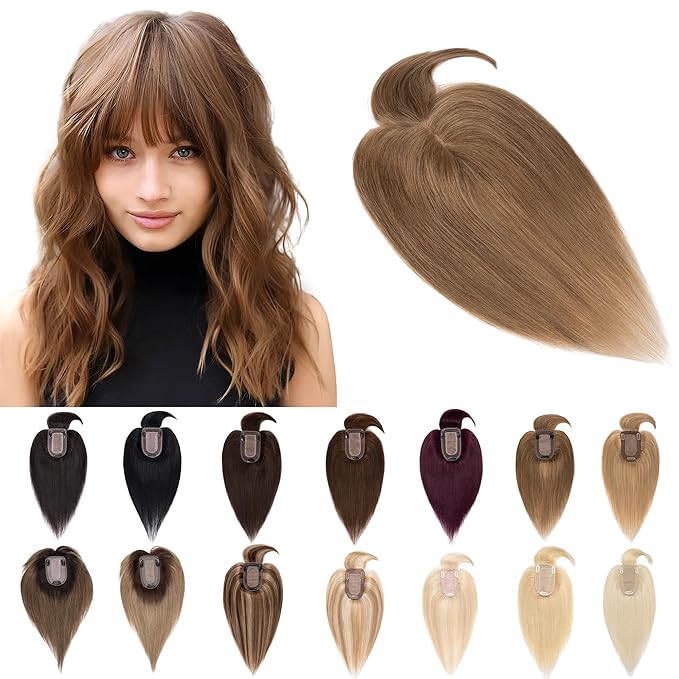 SEGO Hair Toppers for Women Real Human Hair With Bangs, 7 * 13CM Silk Base 100% Remy Human Hair Clip in Top Wiglet Hairpieces Add Volume -8 Inch Light Brown