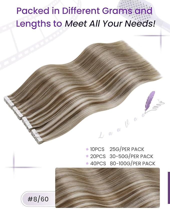 LaaVoo Tape in Hair Extensions Human Hair Seamless Tape on Extensions 14Inch 40Pcs 100G Hair Extension Tapes in Blonde Highlights with Brown Skin Weft