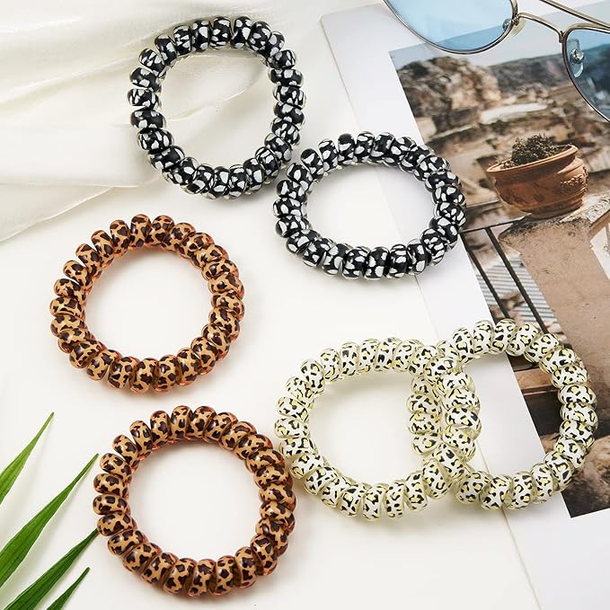 Leopard Spiral Hair Ties (6 Pcs) - Coil Ponytail Holders for Thick and All Hair Types, No Crease Phone Cord Design