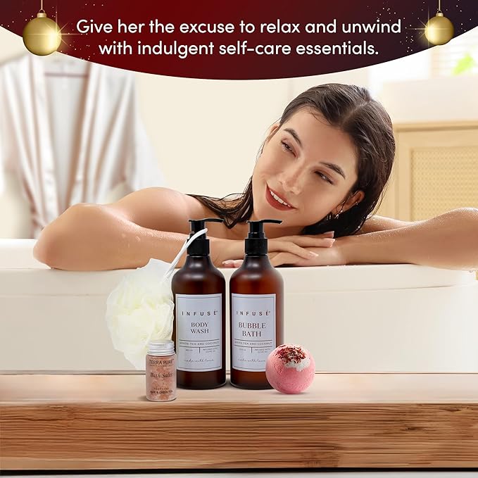 17-Piece Luxury Gift Set with Robe | Complete INFUSÉ White Tea & Coconut Bath Collection | Self-Care Kit with Bath Bombs, Face Masks & Hair Care | Bridesmaid, Mom, Wife, Grandma or Loved Ones