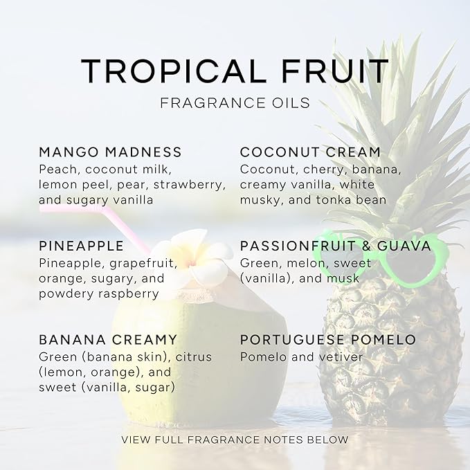Eternal Essence Oils Tropical Fruit Set of 6 Premium Fragrance Oils - Includes Mango, Coconut Cream, Pineapple, Passion Fruit & Guava, Banana and Portuguese Pomelo Scented Oils - 10ML