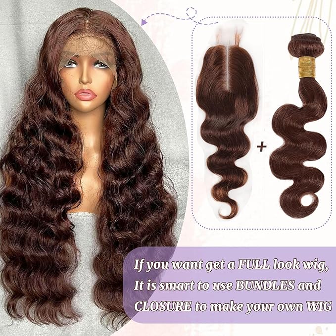 2x6 HD Lace Closure Human Hair Body Wave 4# Chocolate Brown Color Transparent Lace Closure 2x6 Long Deep Middle Part 100% Raw Virgin Human Hair 14 Inch 150% Density