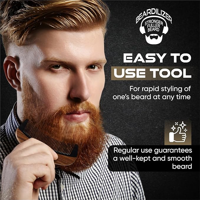 Beardilizer Premium Beard Comb for Men - 100% Natural Black Ox Buffalo Horn & Sandalwood Handle with Carrying Pouch, Professional Anti-Static Fine and Coarse Teeth