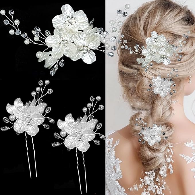 3 PCS Large Flower Bridal Wedding Hair Pins Crystal Pearl Hair Clips Headpiece Bride Hair Accessories Jewelry with Rhinestone, Glitter Emboss White Flower