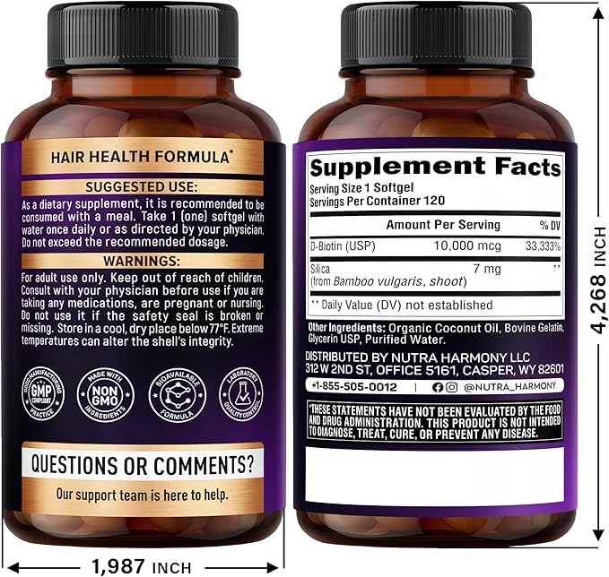 Biotin 10000mcg with Silicon - Pharmaceutical Grade Biotin Supplement for Women - Hair Growth Support, Skin & Nails - Max Strength & 100% Bioavailability - Made in USA - 120 Softgels, 120 Days Supply