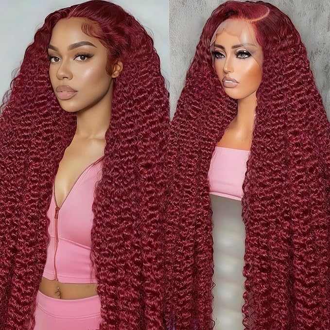 20 Inch 99J Burgundy Lace Front Wigs Human Hair Deep Wave 13x6 HD Lace Front Wigs Pre Plucked with Baby Hair Wet and Wavy Human Hair Wig 200% Density Deep Curly Frontal Wigs for Black Women