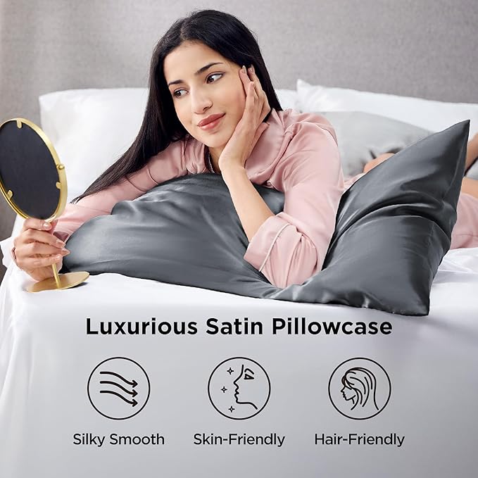 Bedsure King Size Satin Pillowcase Set of 2 - Space Grey Silky Pillow Cases for Hair and Skin with Envelope Closure, Similar to Silk Pillow Cases, Gifts for Women Men, 20x36 Inches, 2pcs