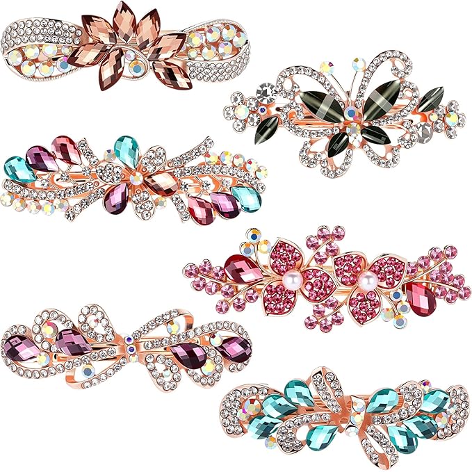 Geyoga 6 Pieces Vintage Hair Barrettes for Women Retro Flower French Pearl Crystal Rhinestones Clips Hair Pins for Women Styling Accessories(Bright Style)