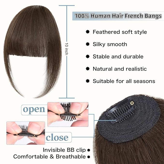 Clip In Bangs for Women, Medium Brown French Bangs Hair Clip with Temples, 100% Real Human Hair Layered Curved Fringe for Halloween and Daily Use(Medium Brown, French Bangs)