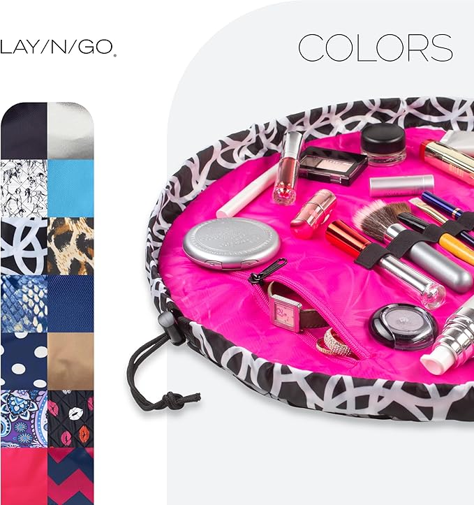 Lay-n-Go Cosmo Layflat Drawstring Cosmetic & Makeup Bag Organizer w/Zipper Pocket, Brush Loops & More, Cinch to Close, Lay Flat to Use, Durable, Machine Wash, Travel Toiletry Bag (20", Black/White)