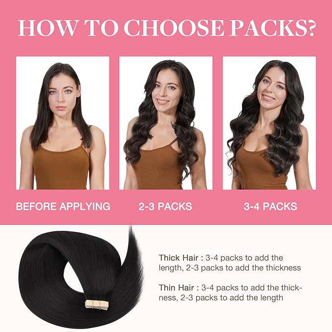 GOO GOO Tape in Hair Extensions Human Hair, 1 Jet Black, 10inch 20pcs 30g, Silky Straight, Thick Ends, Natural-Looking, Double-Sided Tape in