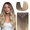 GOO GOO Clip in Hair Extensions Real Human Hair, Remy Human Hair Extensions Clip ins for Women, Natural Human Hair, 16inch 120g 7 Pcs, #9/18J/60 Chocolate Brown to Champagne Blonde Balayage