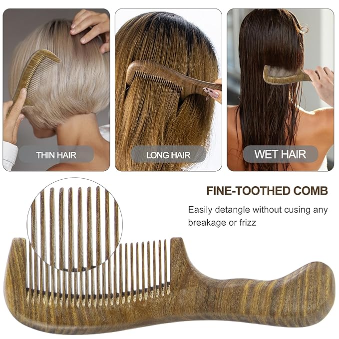 Wooden Hair Comb 3 Pcs, Natural Green Sandalwood Comb for Women and Men, Detangles Wet or Dry Curly, Thin, Thick, Wavy or Straight Hair, Scalp Massager, Anti-static (Medium+ Fine)