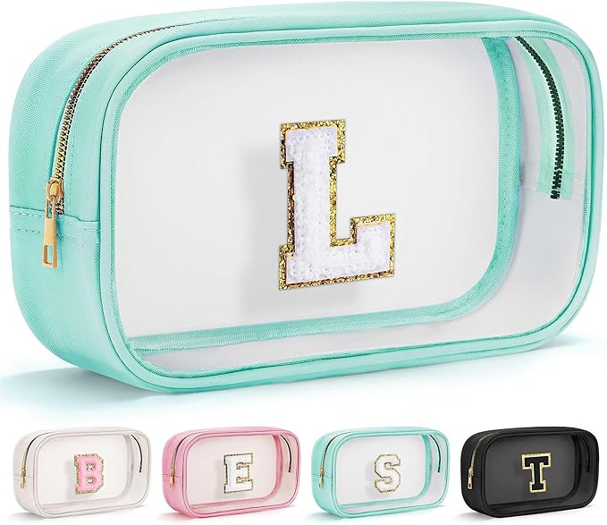 YOOLIFE Initial Make Up Bag Travel Toiletry Bag, Clear Makeup Bag Preppy Cosmetic Bags Organizer Travel Essentials Gifts for Women Teen Girlfriend Teacher Mom Birthday Mothers Day Gifts Blue L