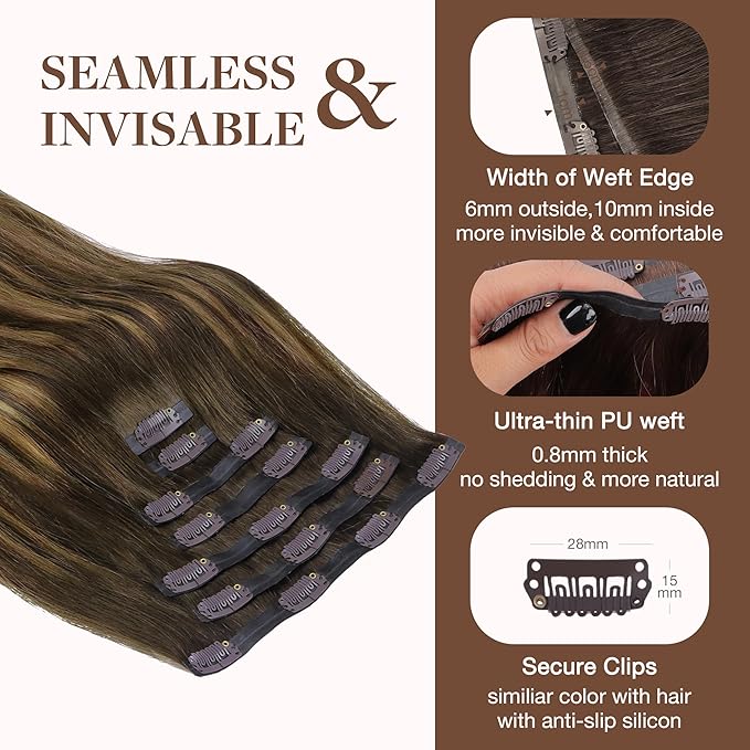 GOO GOO Clip in Hair Extensions Real Human Hair, Remy Human Hair Extensions Clip ins for Women, Natural Human Hair, 22inch 200g 9Pcs, #4/27/4 Balayage Chocolate Brown to Caramel Blonde