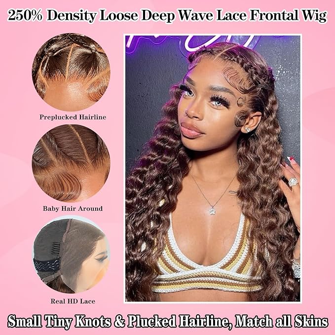 Chocolate Brown 250% Density HD Lace Front Wigs Human Hair Loose Wave 100% Real Human Hair 15A Full 13x4 Large Lace Space Loose Deep Wave Wig, Breathable No Tangle No Shedding Triple Lifespan 3X