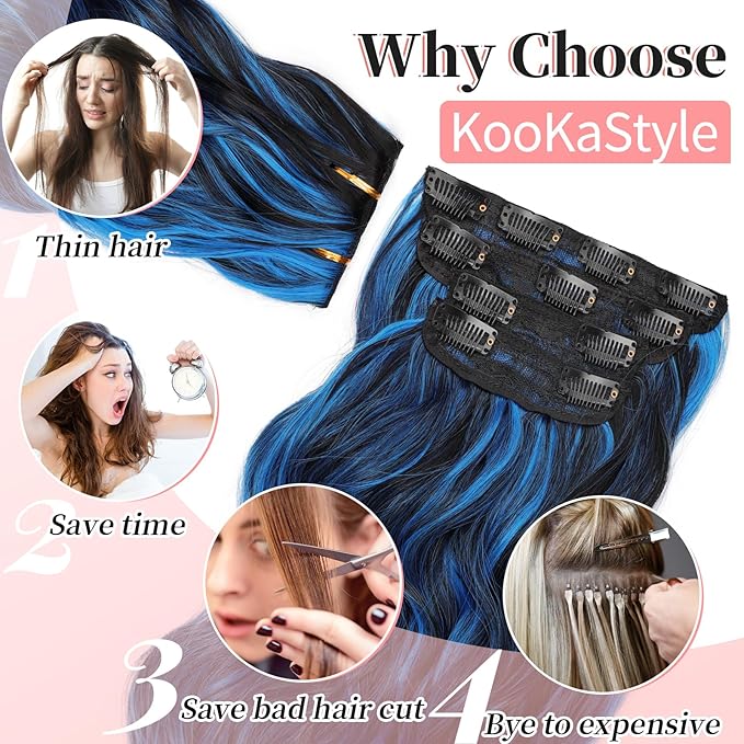 KooKaStyle Clip in Long Wavy Synthetic Hair Extension 24 Inch Blue - Black Streak 4PCS Thick Hairpieces Fiber Double Weft Hair for Women