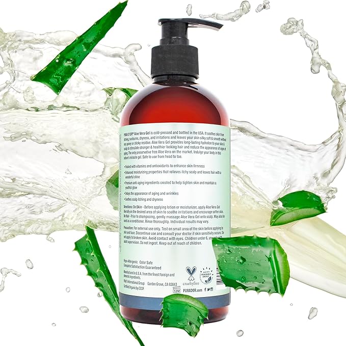 PURA D'OR 16 Oz ORGANIC Aloe Vera Gel - Lavender - All Natural - ZERO Artificial Preservatives - Deeply Hydrating & Moisturizing - Sunburn, Bug Bites, Rashes, Small Cuts, Eczema Relief - Skin & Hair